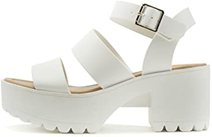 Soda ACCOUNT ~ Women Open Toe Two Bands Lug sole Fashion Block Heel Sandals with Adjustable Ankle Strap