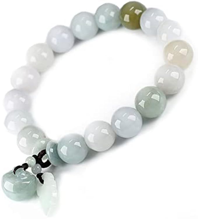 Natural Jade Beaded Bracelet for Women and Men, White Green Jadeite 9mm 10mm Round Stackable with Lucky Charm Jewelry Birthday Gift for Her Him (Gourd Charm)