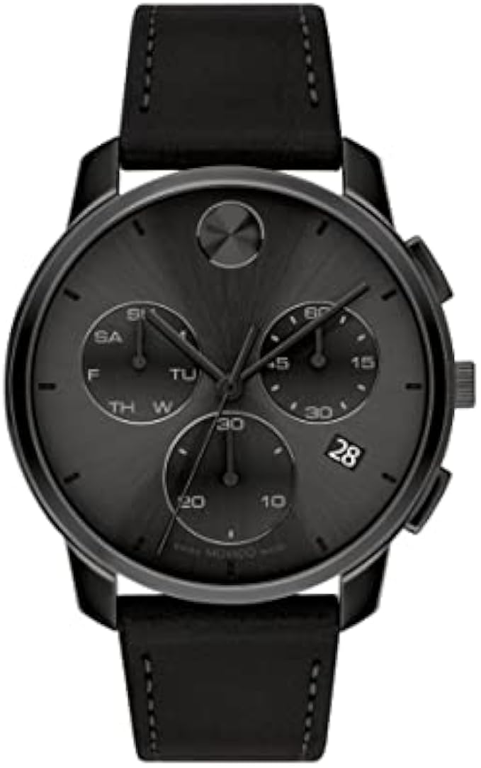 Movado 男士 Bold Thin 不锈钢瑞士石英手表,带皮革表带,黑色