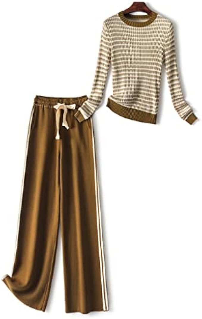 QJPAXL Autumn Winter Knitted Suit Pants Set 2 Piece Women Fashion Striped Pullover Sweater Top Trousers Casual Outfits (Color : D, Size : L Code)