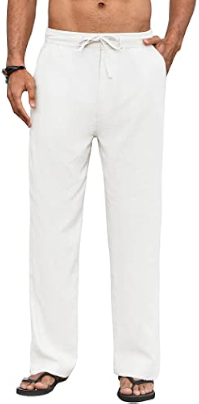 COOFANDY Men's Casual Linen Pants Elastic Waist Drawstring Yoga Beach Pants Lightweight Straight Leg Trousers with Pockets