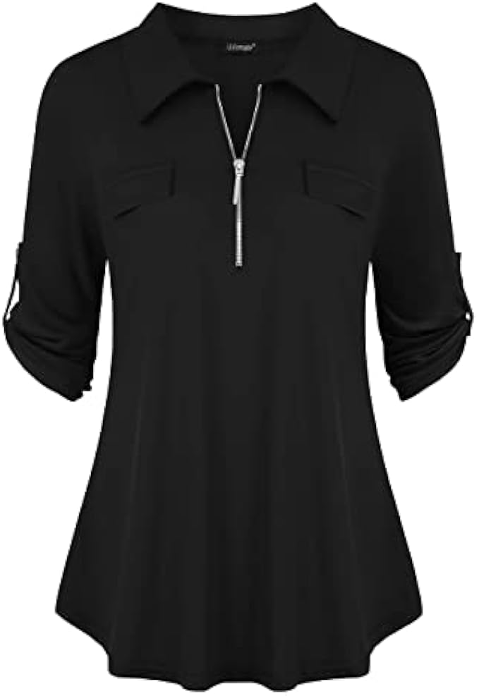 U.Vomade Women's 3/4 Sleeve Collared Plus Size Tops Zip Front V Neck Blouses for Women L-4X