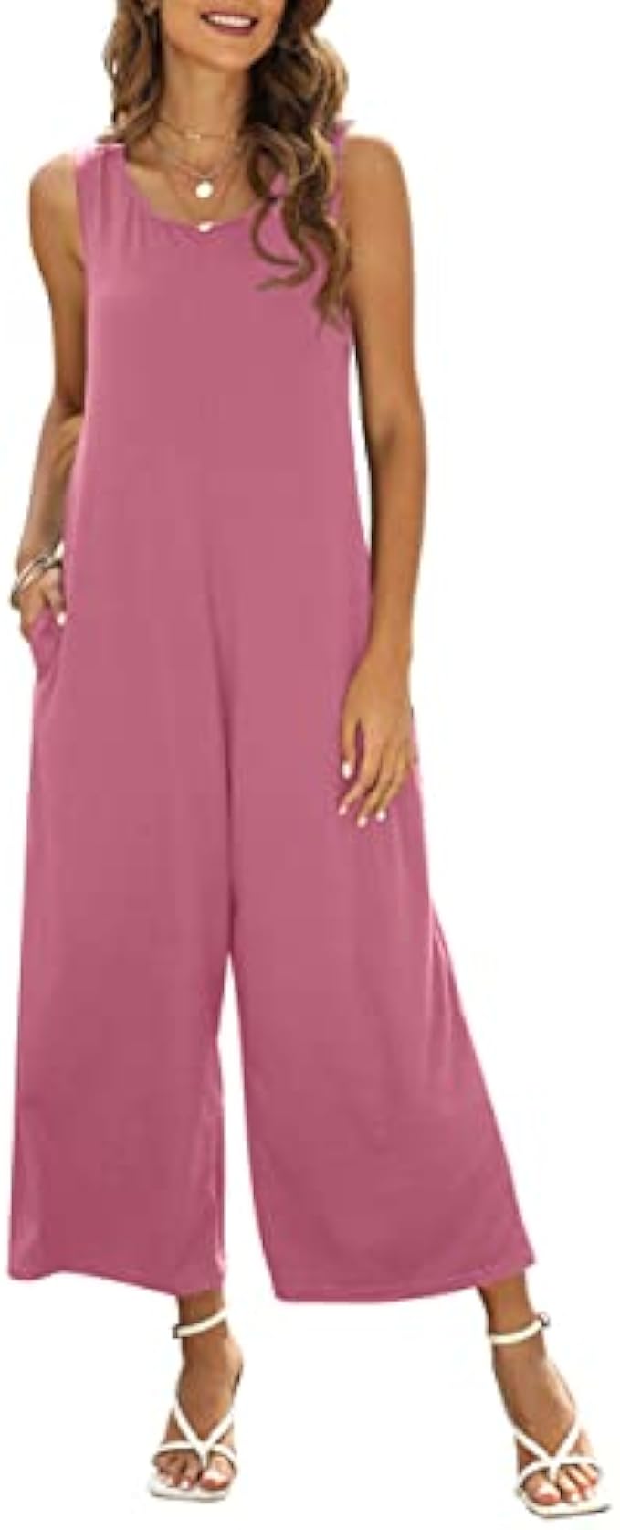 Nfsion Women's Summer Casual Loose Tank Jumpsuit Sleeveless Crewneck Jumpsuit Romper with Pockets