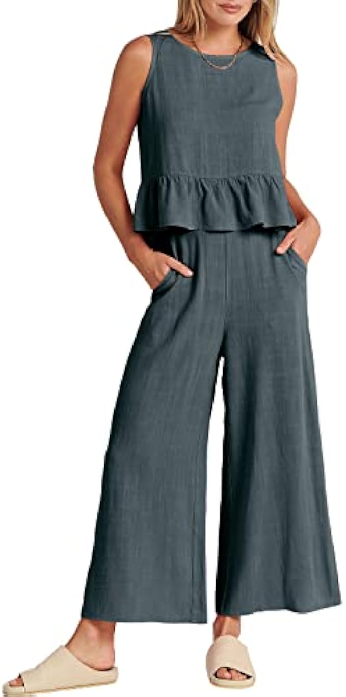 ANRABESS Women's Summer 2 Piece Outfits Sleeveless Tank Crop Button Back Top Cropped Wide Leg Pants Set Pockets