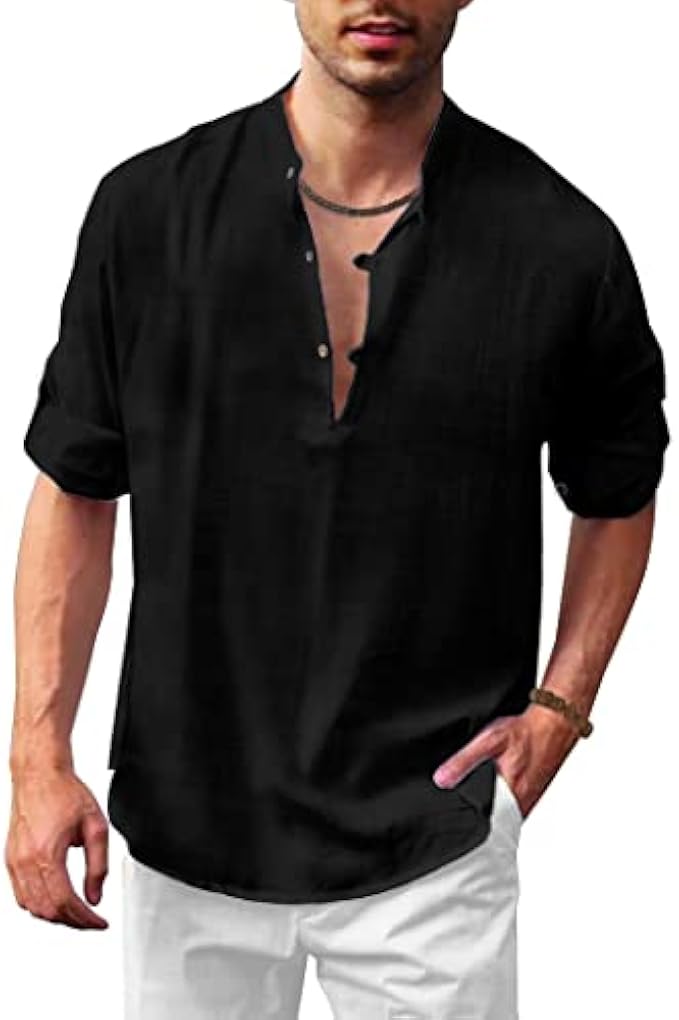 COOFANDY Men's Cotton Linen Henley Shirt Casual Beach Hippie Shirts Long Sleeve T-Shirts