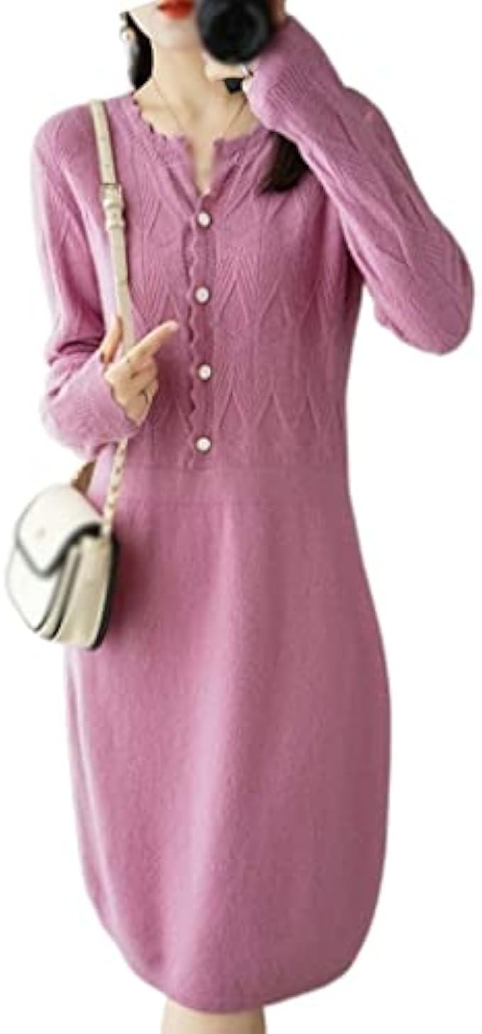 n/a Women's Autumn Winter Long Round Neck Wool Knitted Dress Loose Bottoming Knee-Length Long Sleeve Jumper Dress (Color : D, Size : L Code)