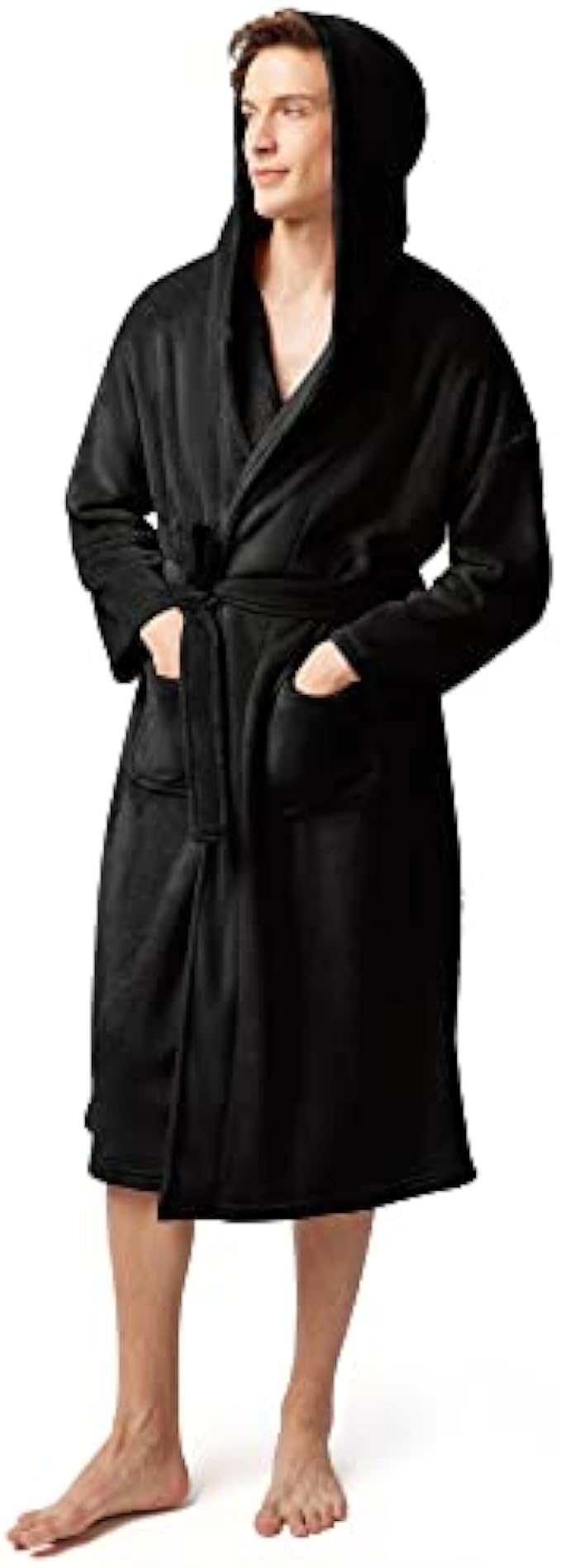 SIORO Mens Fleece Hooded Robe,Super Soft Plush Bathrobes with Pocket Fuzzy Winter Nightgown for Spa and House,M-XXL