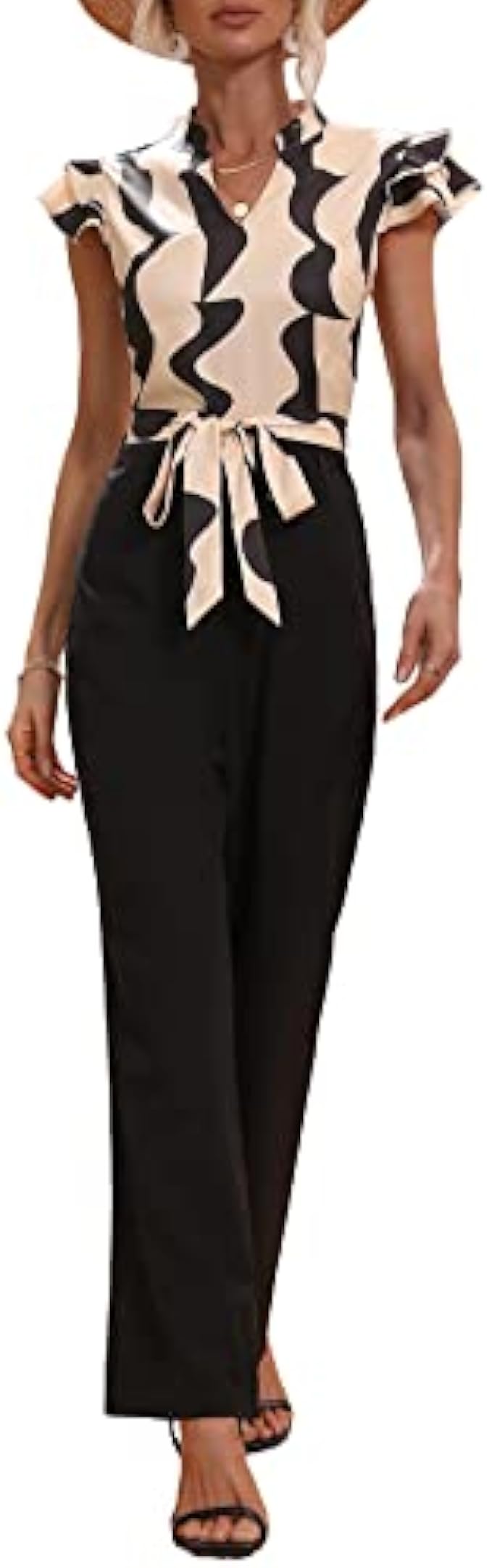 WDIRARA Women's Graphic Print V Neck Romper Cap Batwing Sleeve Belted Jumpsuit