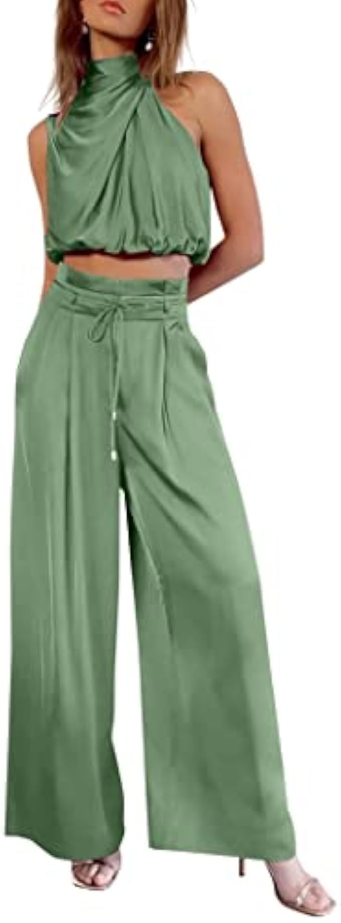 PRETTYGARDEN Women's 2 Piece Outfits 2023 Summer Casual Sleeveless Mock Neck Crop Tops Wide Leg Pants Set