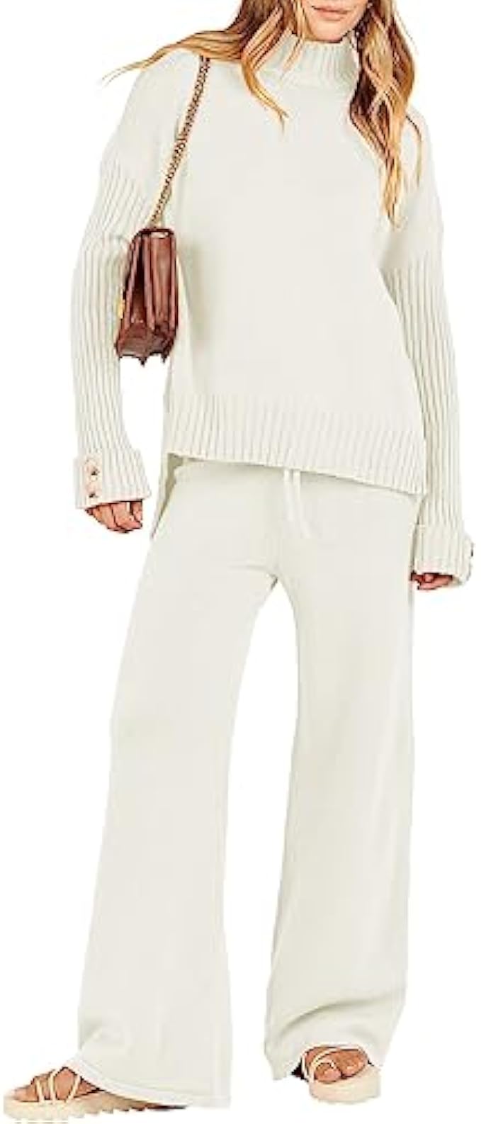 ANRABESS Women's Two Piece Outfits Sweater Sets Long Sleeve Knit Pullover and Wide Leg Pants Lounge Sets