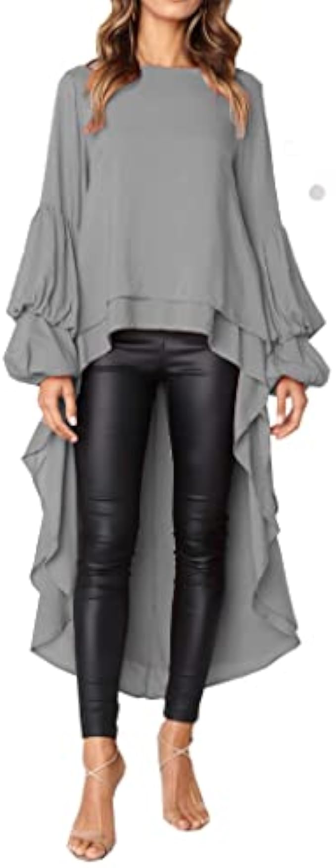 PRETTYGARDEN Women's Lantern Long Sleeve Round Neck High Low Asymmetrical Irregular Hem Casual Tops Blouse Shirt Dress