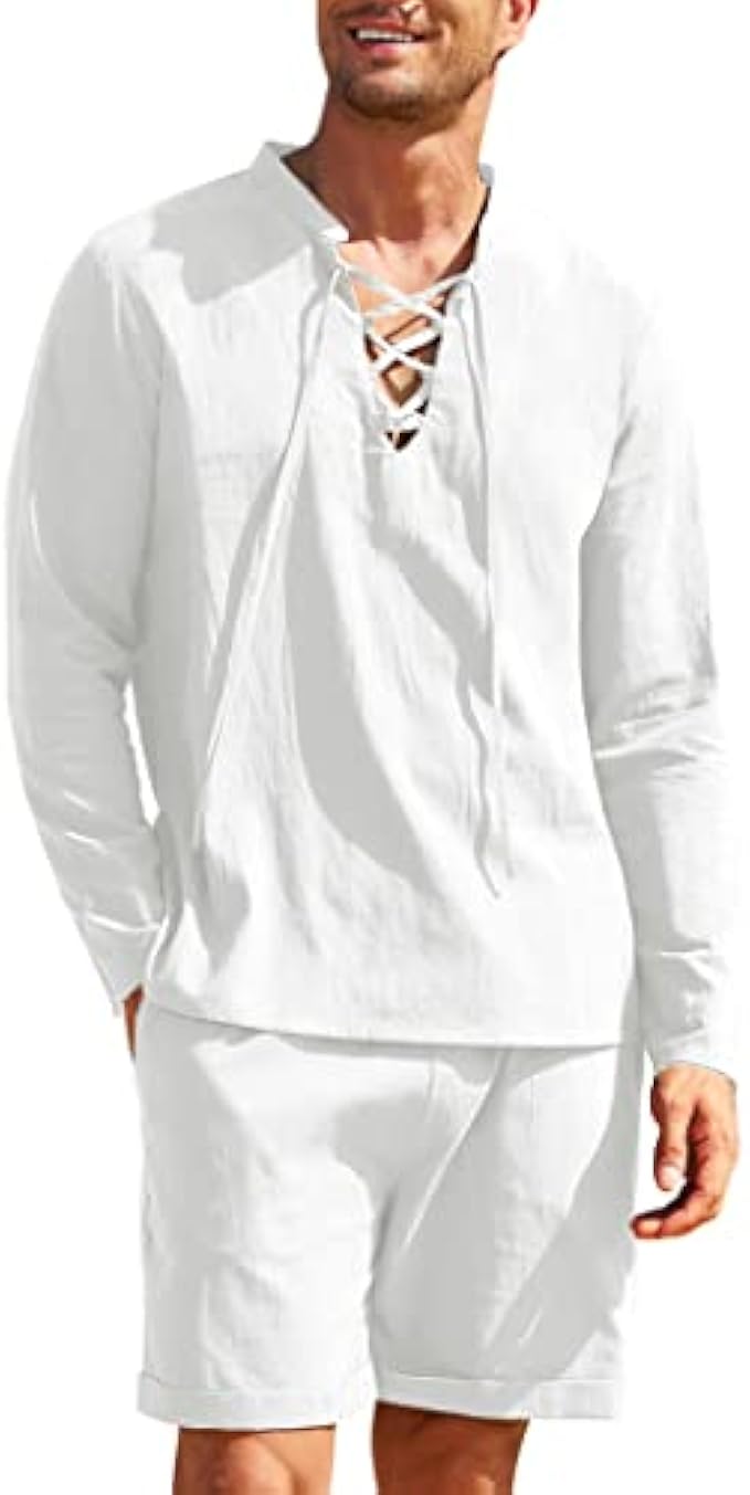 COOFANDY Men 2 Pieces Cotton Linen Set Beach Outfit Summer Hippie Shirt And Short Set Renaissance Lace Up Henley Suit