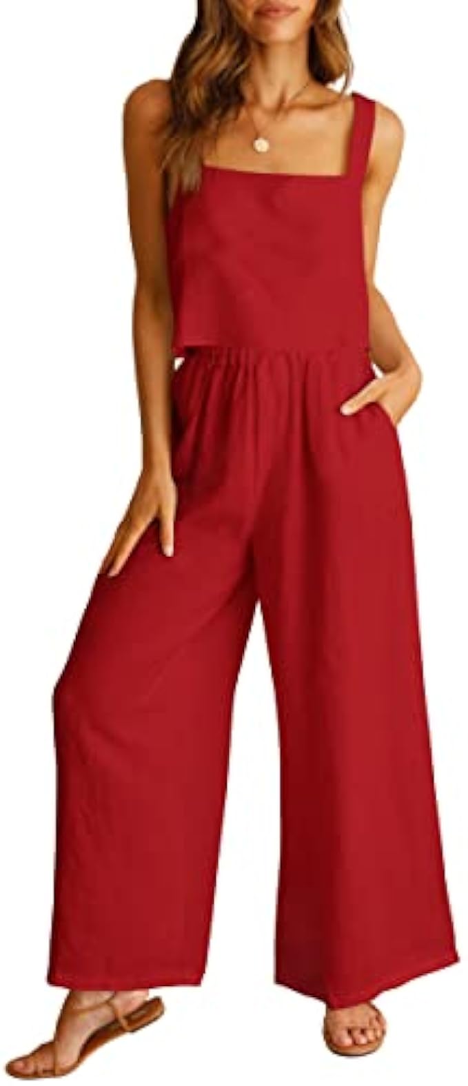 ANRABESS Women's 2 Piece Outfits Square Neck Linen Tank Crop Top Wide Leg Pants Matching Lounge Set Tracksuit