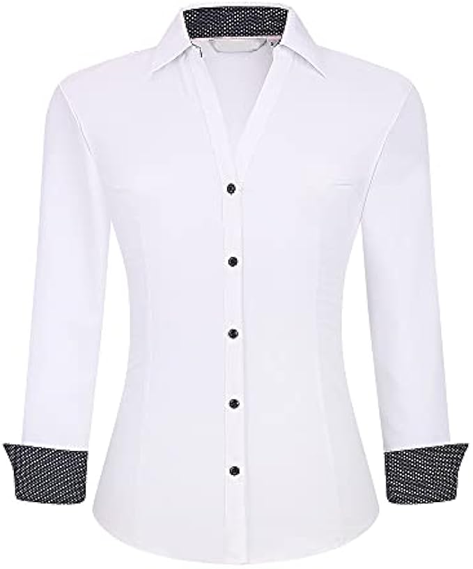 WARHORSEE Womens Button Down Shirt Long Sleeve Work Dress Shirts, V Neck Easy Care Stretchy Business Casual Blouses for Women