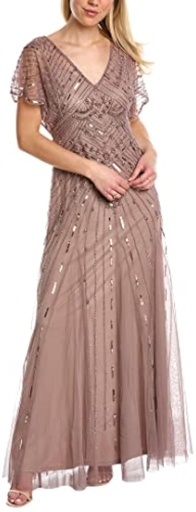 Adrianna Papell Women's Beaded Flutter Sleeve Gown