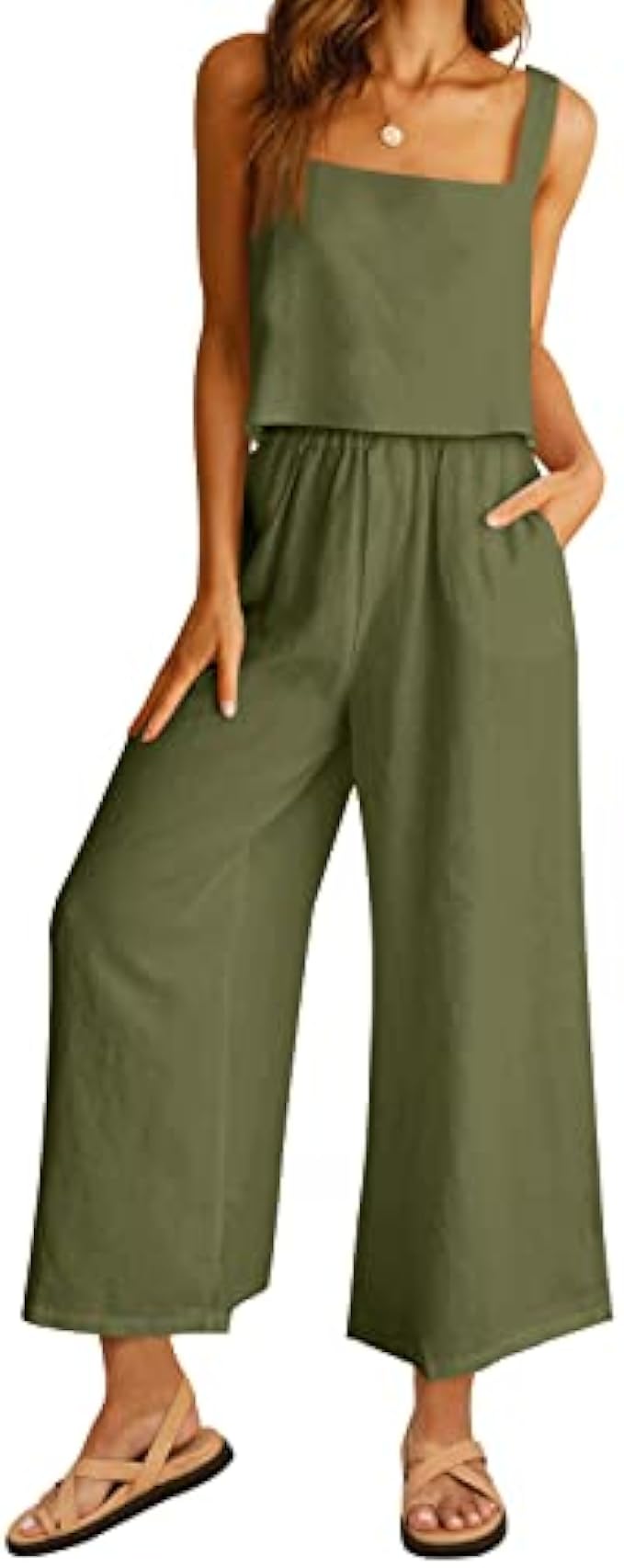 AUTOMET Women 2 Piece Outfits Lounge Matching Sets Linen Crop Top Wide Leg Pants Tracksuits with Pockets 2023 Fashion Clothes