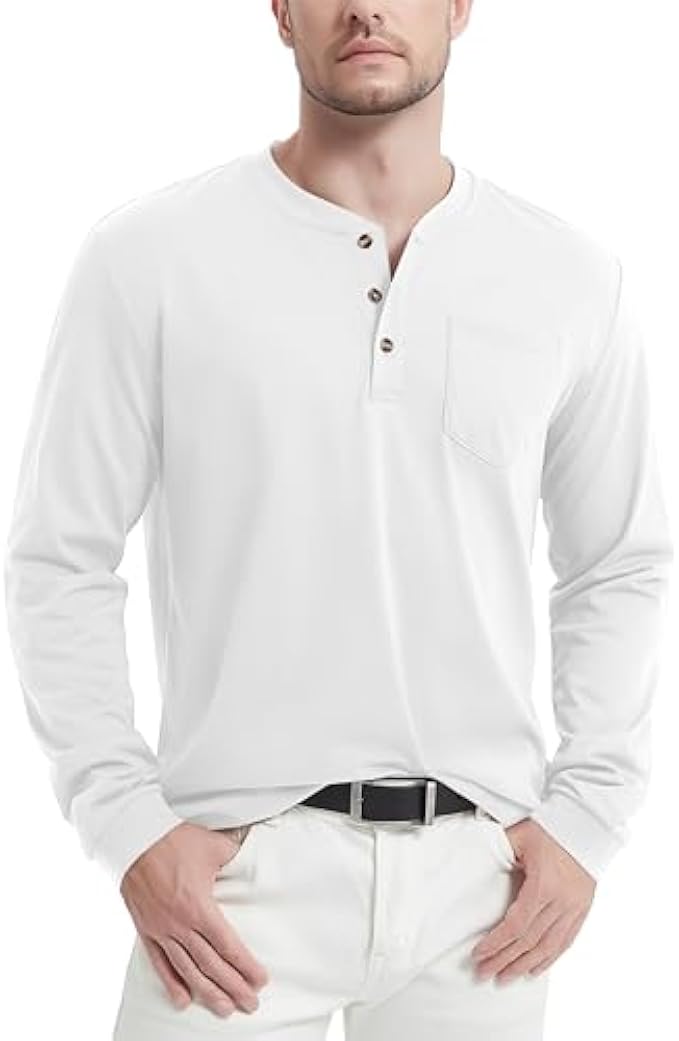 MAGCOMSEN Mens Henley Long Sleeve T Shirts Pocket Tee Shirts for Men Henley Cotton Casual Button Placket Daily Wear
