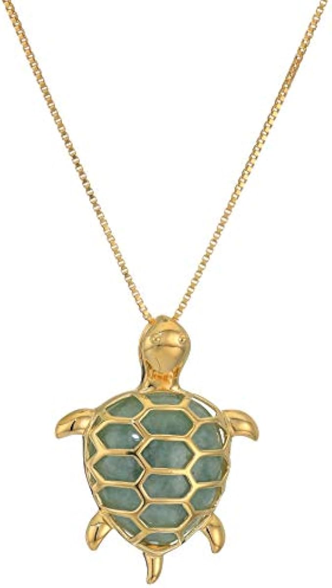 Amazon Collection womens 18k Yellow Gold Plated Sterling Silver Genuine Green Jade Turtle Pendant Necklace, 18"