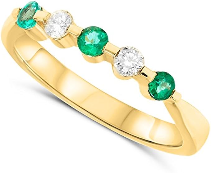 Jewelry Bliss 18k Yellow Gold Green Emerald Genuine Gemstone and Diamond Alternating Band Ring For Women Size 7