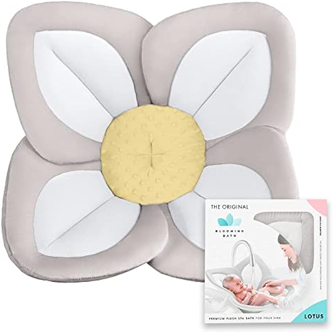 Blooming Bath Lotus Bath Pad - Plush Minky Baby Sink Bathtub Cushion - The Original Washer-Safe Flower Seat for Newborns - Gray/White/Yellow