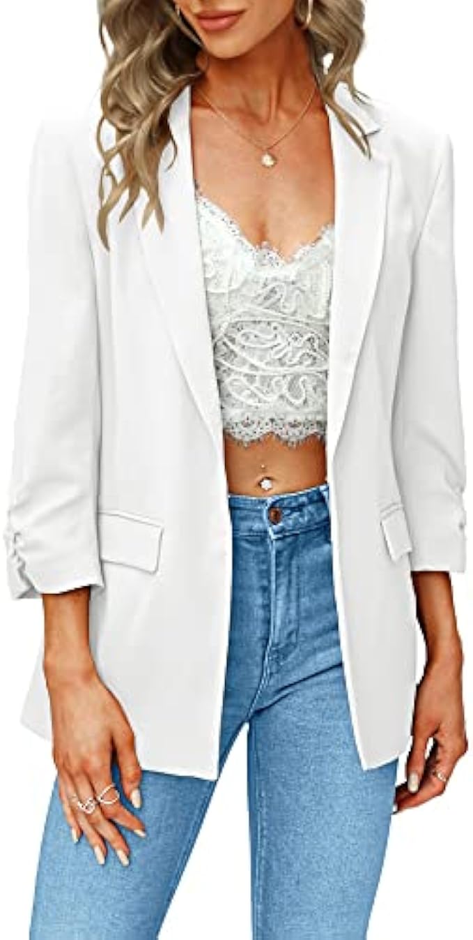 Womens Blazer Open Front 3/4 Ruffle Sleeve Business Office Jacket Blazer