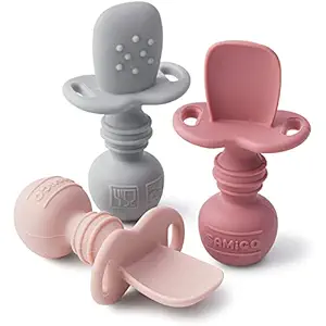 SAMiGO Silicone Baby Spoons Self Feeding 6+ Months - Infant Toddler Utensils - First Stage Baby Led Weaning Feeding Supplies - Set of 3 Pack