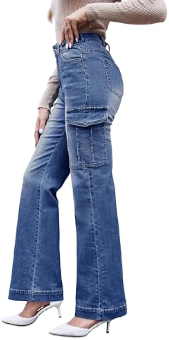 Womens Cargo Jeans Wide Leg Y2K Bootcut Flare Bell Bottoms High Waisted Denim Cargo Pants Flap Pockets Stretchy Trousers