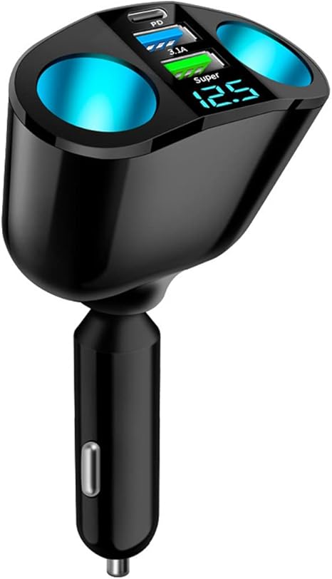 Car Cigarette Lighter Splitter, 2-Socket Cigarette Lighter Adapter with LED Voltmeter, Dual USB QC3.0 Type-C 20W PD Fast Car Charger, 12V/24V Splitter Adapter for Smart Phone GPS Dash Cam