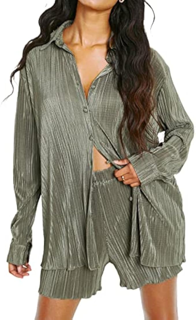 NUFIWI Women Y2K 2 Piece Pants Set Oversized Floral Printed Button Down Shirt High Waist Pants Outfits Summer Streetwear