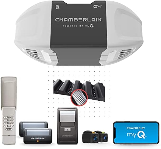 Chamberlain B2405 Smart myQ Smartphone Controlled-Ultra Quiet, Strong Belt Drive, Wireless Keypad Included, Blue Garage Door Opener , White