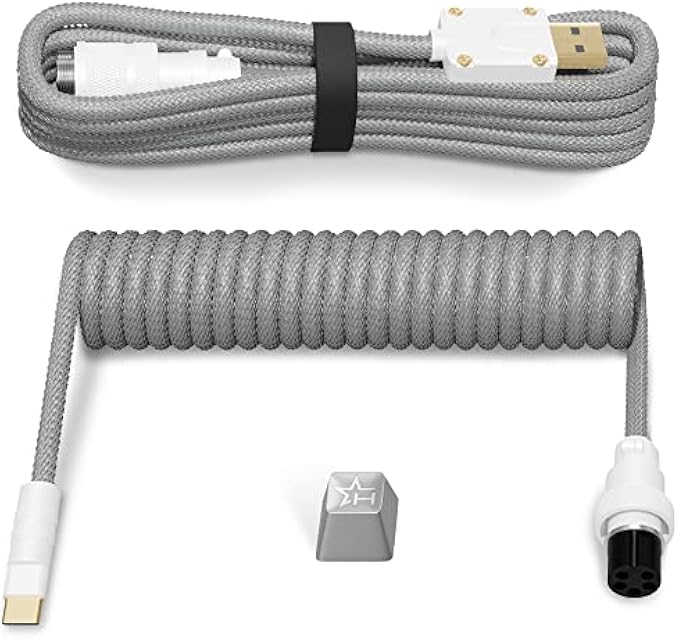 Hystar USB-C Coiled Aviator Cable for Gaming Mechanical Keyboards | Double-Sleeved Cable, Premium Aluminum Connectors, Gold Plated, Type-C Connection, 90 Degree Exit, Includes Aluminum Artisan Keycap