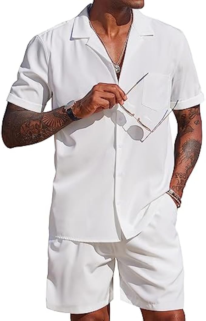 COOFANDY Men's 2 Pieces Shirt Set Short Sleeve Button Down Casual Hippie Holiday Beach T-Shirts Shorts Outfits