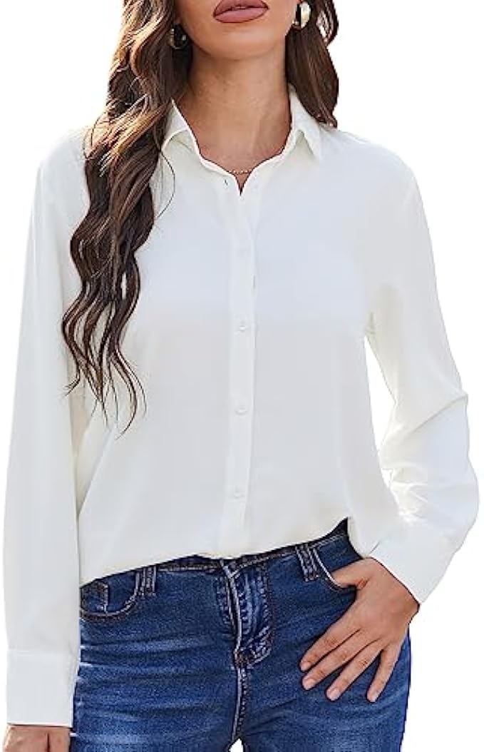 SPRING SEAON Women's Button Down Shirts Causal Collared Blouses Work Office Long Sleeve Chiffon Blouse for Ladies