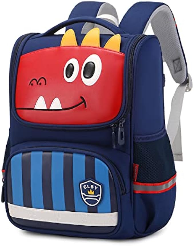 ASKSKY Boys Backpack, Wide Open Kids Backpack for Elementary Primary School Dinosaur Bookbag Cartoon School Bag with Reflective Strip, Red Dino