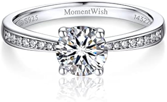 MomentWish Promise Rings for Her, 1Carat Moissanite Engaegment Rings, D Color VVS1 Simulated Diamond 925 Sterling Silver Accent Rings