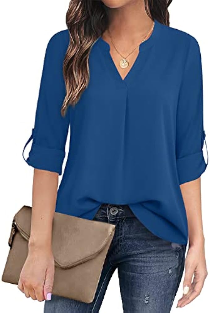 Timeson Women's Casual Chiffon V Neck 3/4 Sleeve Blouse Tops