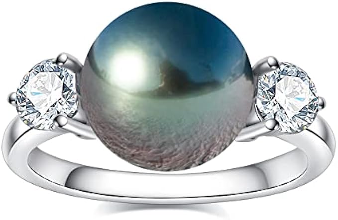 Genuine 10-11MM Tahitian Black Pearl 10K Ring, AAAA Quality Handpicked Nature Pearls with 0.6 cttw Moissanite in 10K Solid White Gold Ring