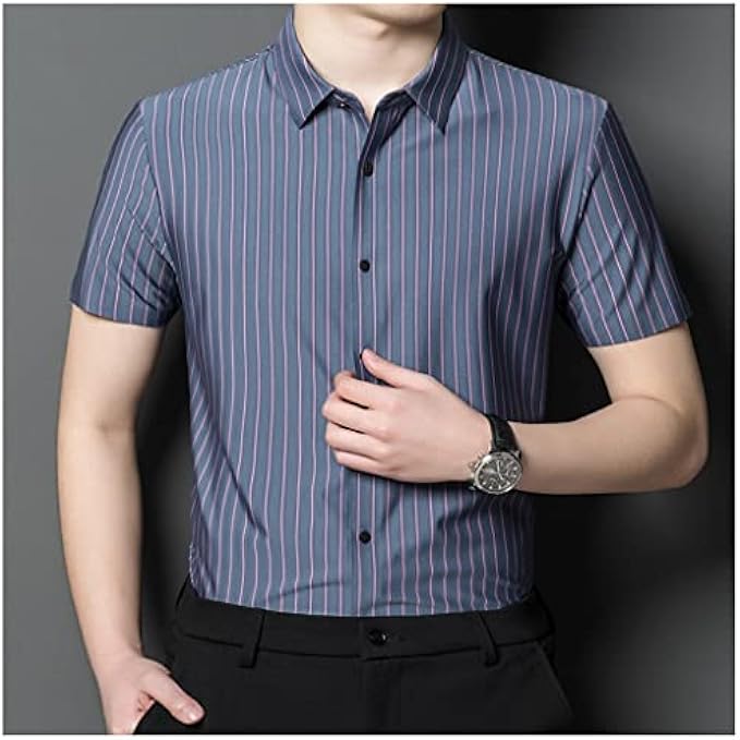 PNNERR Summer Young and Middle-Aged Men's Lapel Short-Sleeved Shirt Men's Middle-Aged Fashion Thin Striped Top Trendy (Color : E, Size : XL)