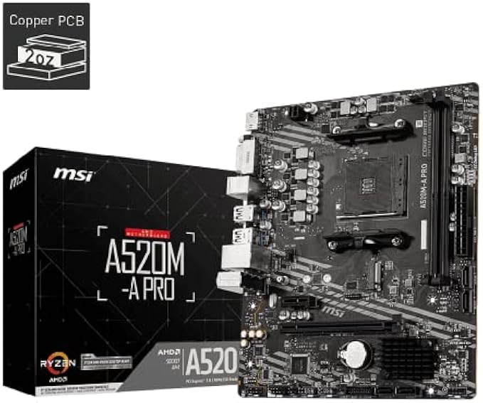 MSI A520M-A PRO Gaming Motherboard (AMD AM4, DDR4, PCIe 4.0, SATA 6Gb/s, Dual M.2, USB 3.2 Gen 1, DVI/HDMI, Micro-ATX)