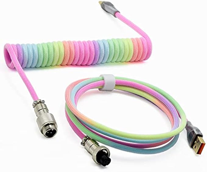 ZDawnn Braided Keyboard Cables 1.5m Coiled Type-C to USB A with Detachable Aviator Connector.for Gaming Keyboard/Tablet (Rainbow)
