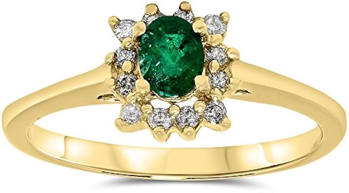 Jewelry Bliss 14k Yellow Gold Emerald Oval Genuine Gemstone and Diamond Halo Ring For Women Birthstone of May