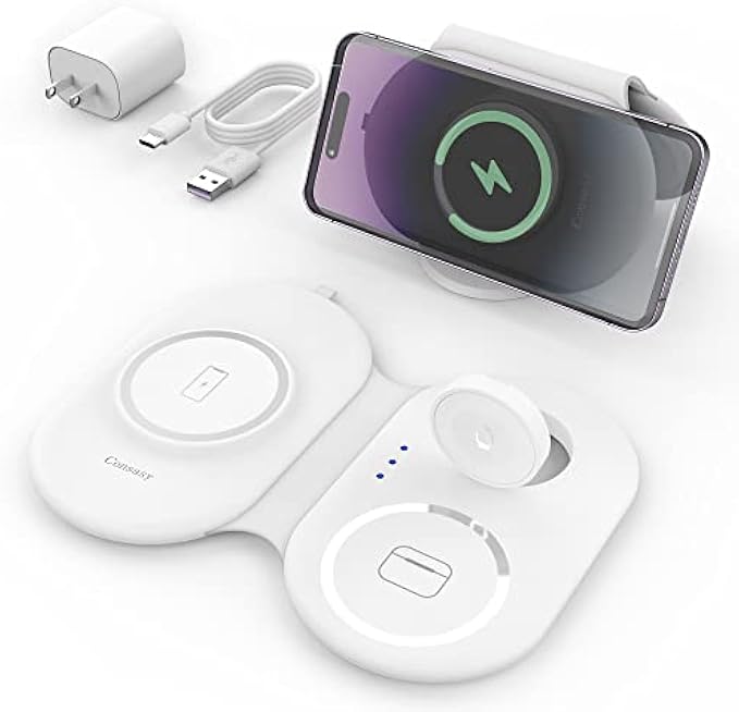 Consasy Magnetic Wireless Charger, Foldable Wireless Charger 3 in 1 Charging Station for Multiple Devices, Travel Charger for iPhone 14 13 12 Series, AirPods 3/2/Pro, iWatch 2-Ultra