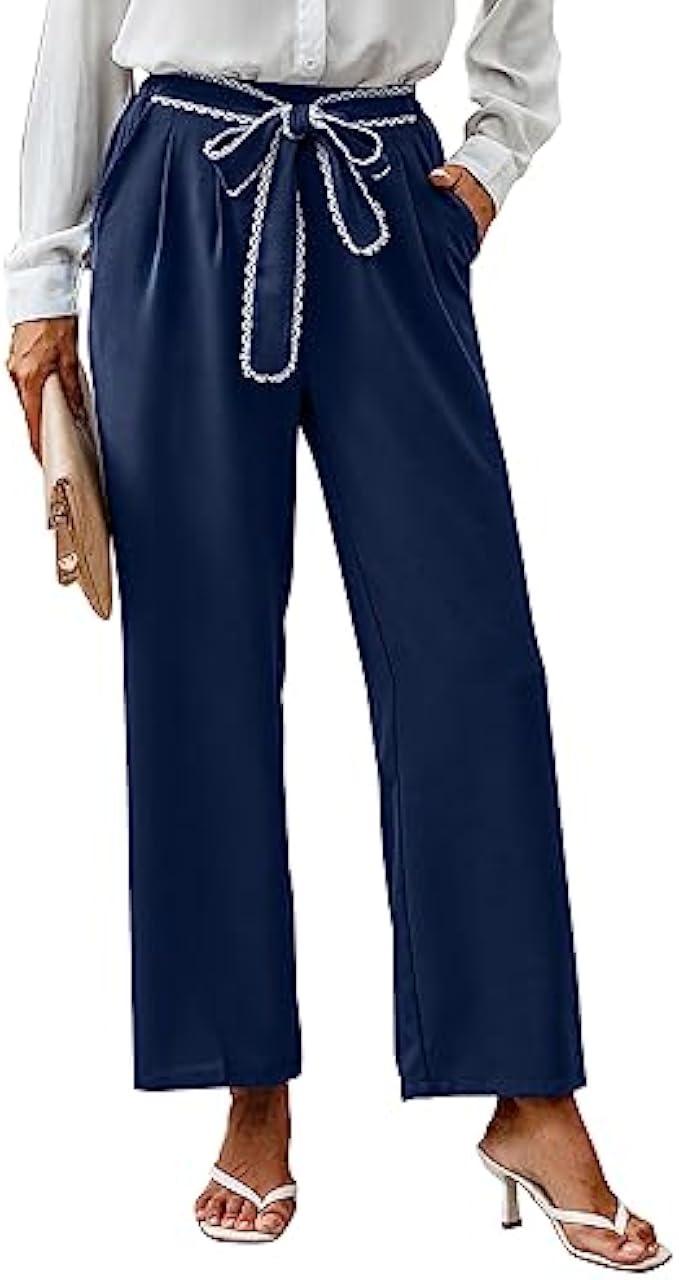KIRUNDO Women’s 2023 Fall Casual Straight Leg Pants Solid Elastic High Waist Lace Tie Trim Comfy Trousers with Pockets