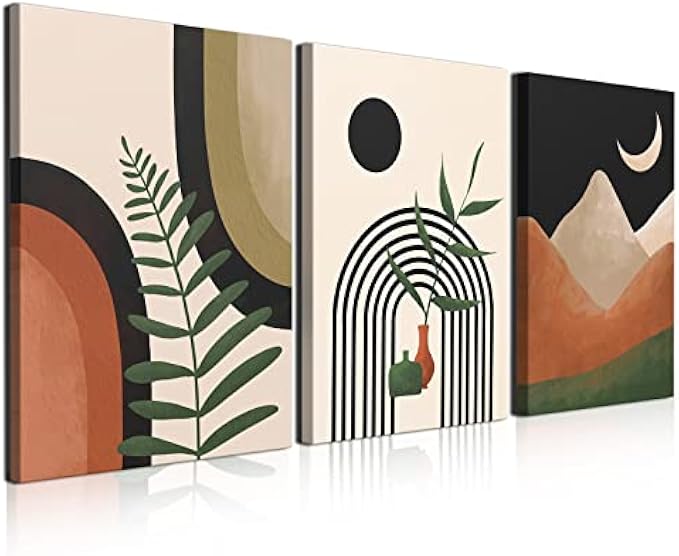 Gisipameis Framed Boho Wall Art Set of 3, Mid Century Modern Wall Decor, Minimalist Black Beige Neutral Abstract Geometric Wall Decor Canvas Prints Ready To Hang for Living Room Wall Decor 12x16in