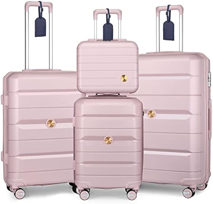 Somago 4 Pieces Luggage Set(14/20/24/28) PP Lightweight 4 Double Rolling Wheels Suitcase With TSA Lock & YKK Zipper Bussiness Trip (Rosegold)