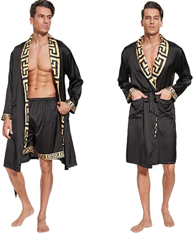 N&D Eyong Men's Luxurious Silk Feeling Bathrobes Long Sleeve Satin Kimono Robe with Shorts Sleepwear Set Printed Bathrobes