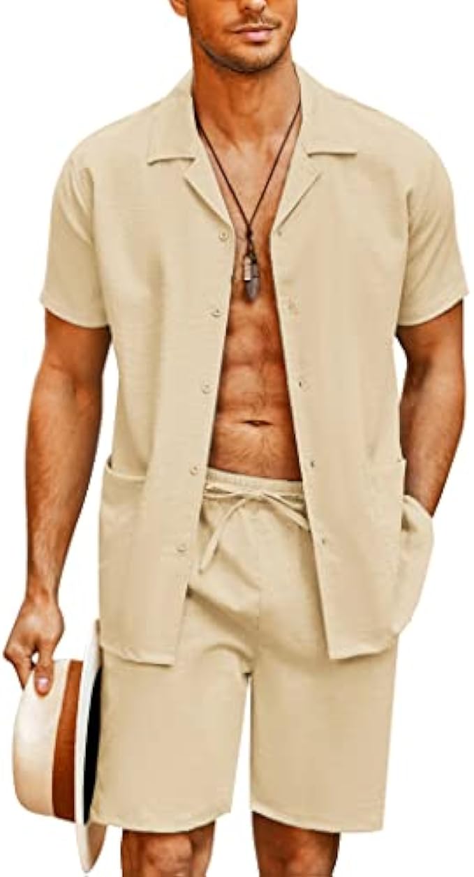 COOFANDY Men's 2 Pieces Shirt Set Regular Fit Short Sleeve Button Down Shirt Suits Casual Beach T-Shirt Shorts Outfits