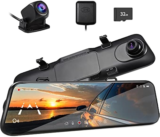 Pelsee P12 Pro 4K Mirror Dash Cam, 12'' Rear View Mirror Camera Smart Driving Assistant w/ADAS and BSD,2160P Front and Rear Camera,Voice Control,Night Vision,Parking Monitoring,Free 32GB Memory Card