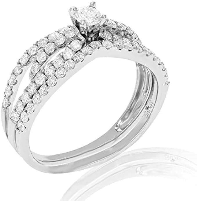VIR JEWELS 7/8 cttw Diamond Halo Wedding Engagement Ring Set 14K White Gold Bridal Prong