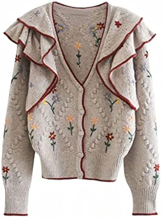 n/a Elegant Woman Plaques Sweater Coat, Fashion Ladies Flower Embroidery Knitted Sweater (Color : White-Patch Five-Pointed star4, Size : M Code)